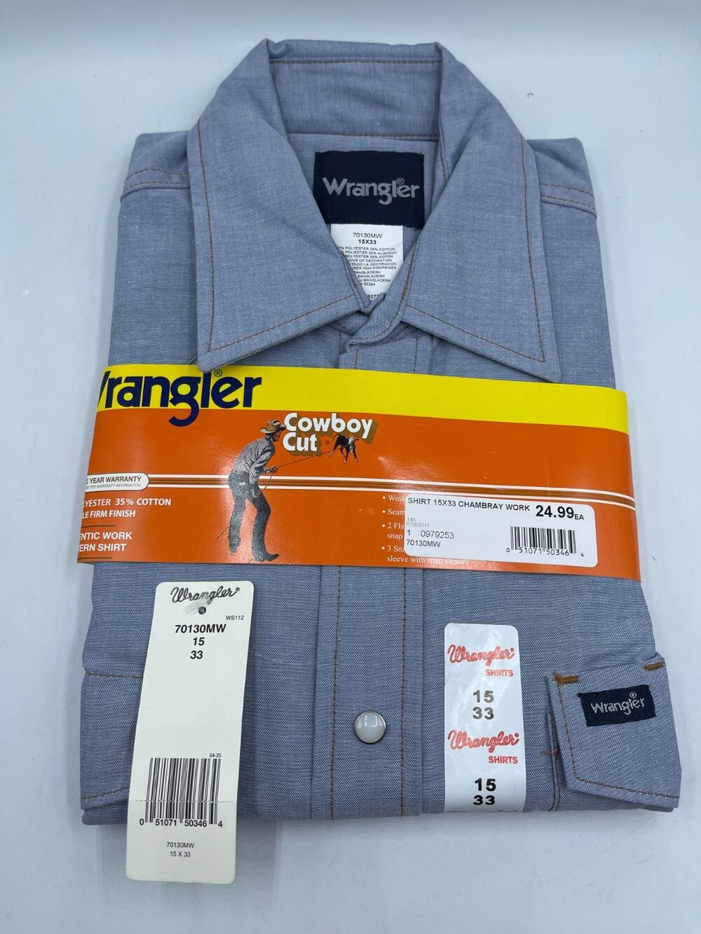 Wrangler Pearl Snap Shirt 15x33 Blue Denun Solid Long Sleeve Cowboy Cut Work